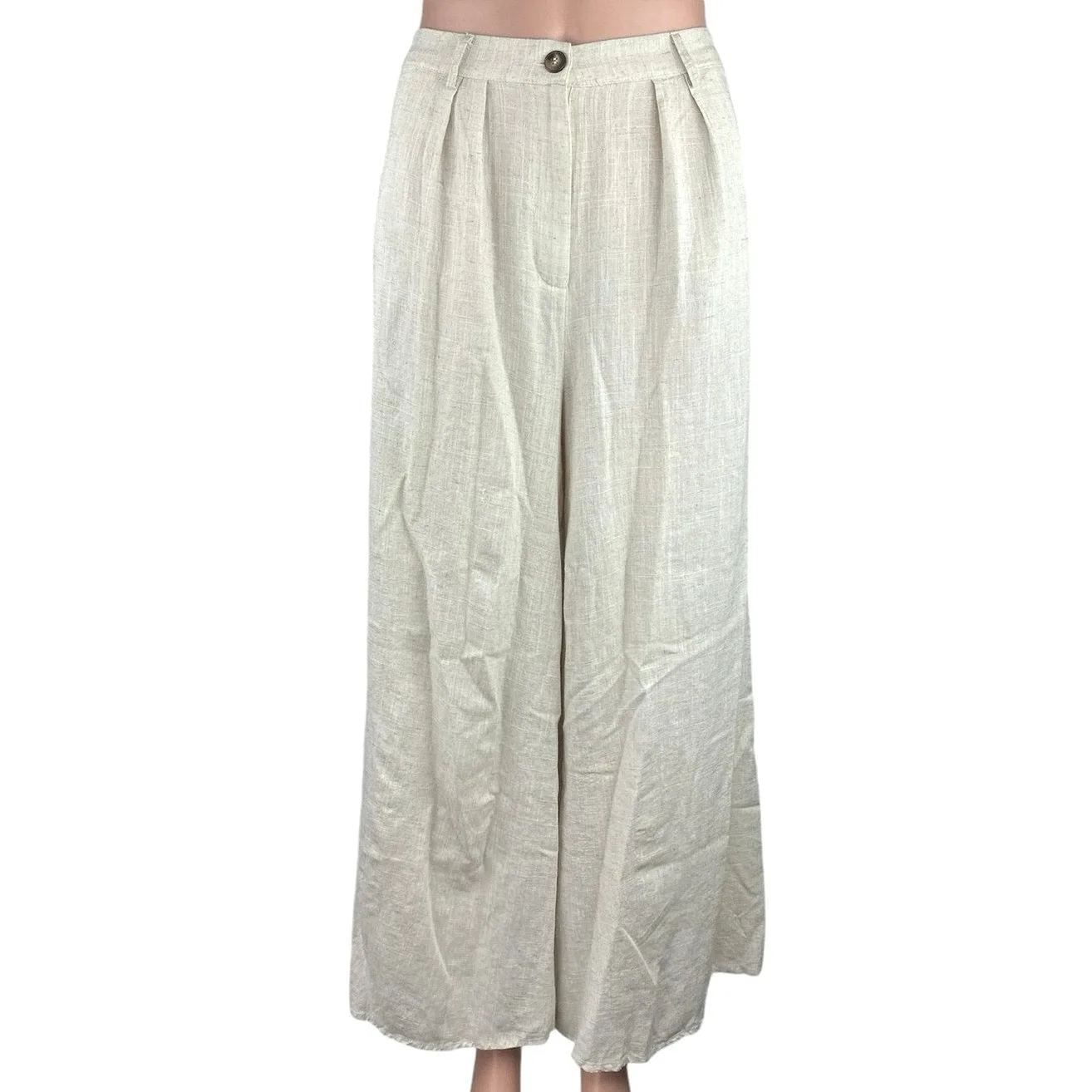 Aakaa Womens White Linen High Rise Front Pleated Flared Leg Trouser Pants Size S