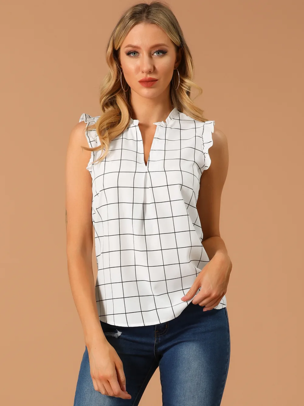 Allegra K - Sleeveless Plaid V Neck Chiffon Tank Top