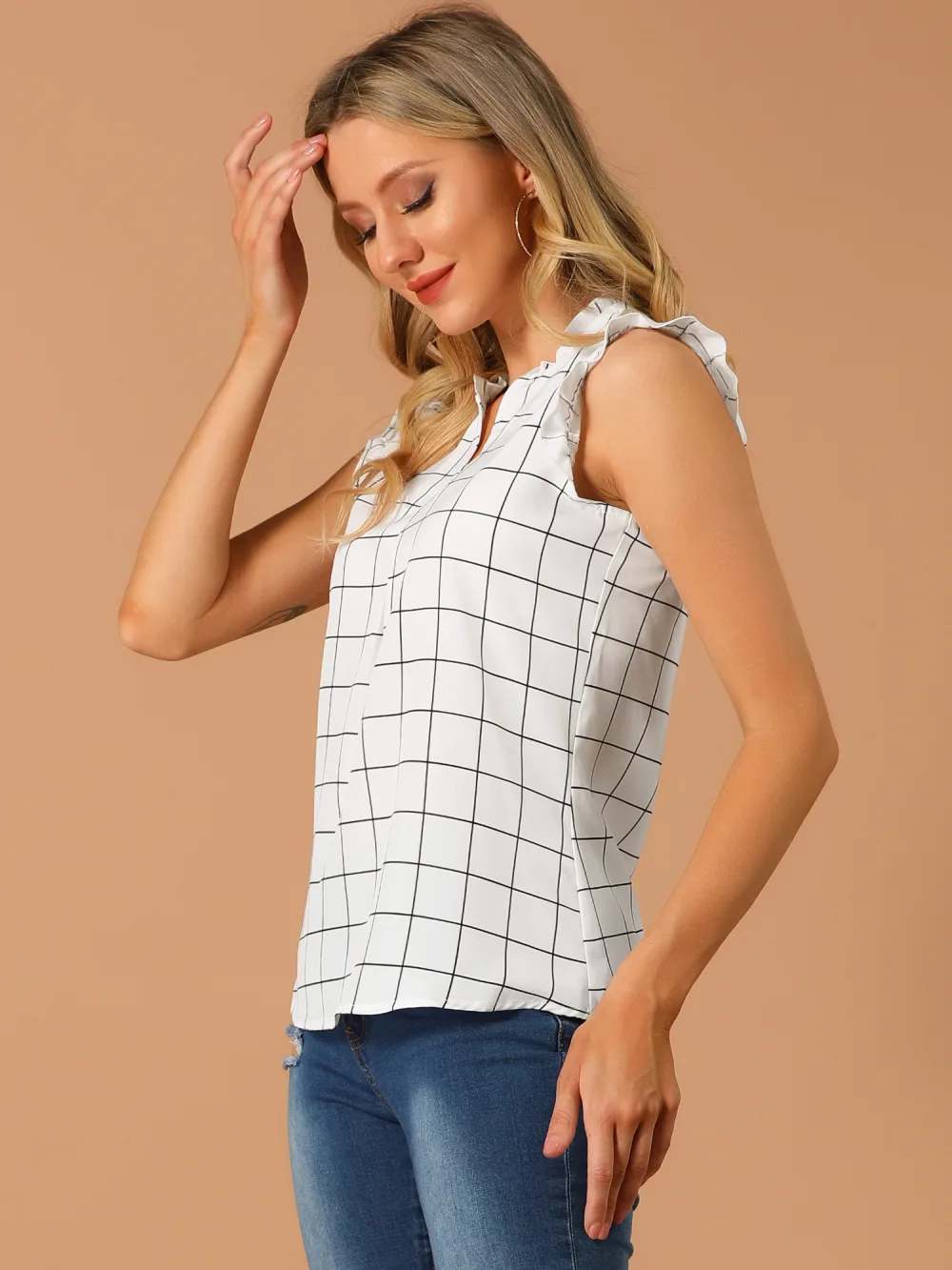 Allegra K - Sleeveless Plaid V Neck Chiffon Tank Top