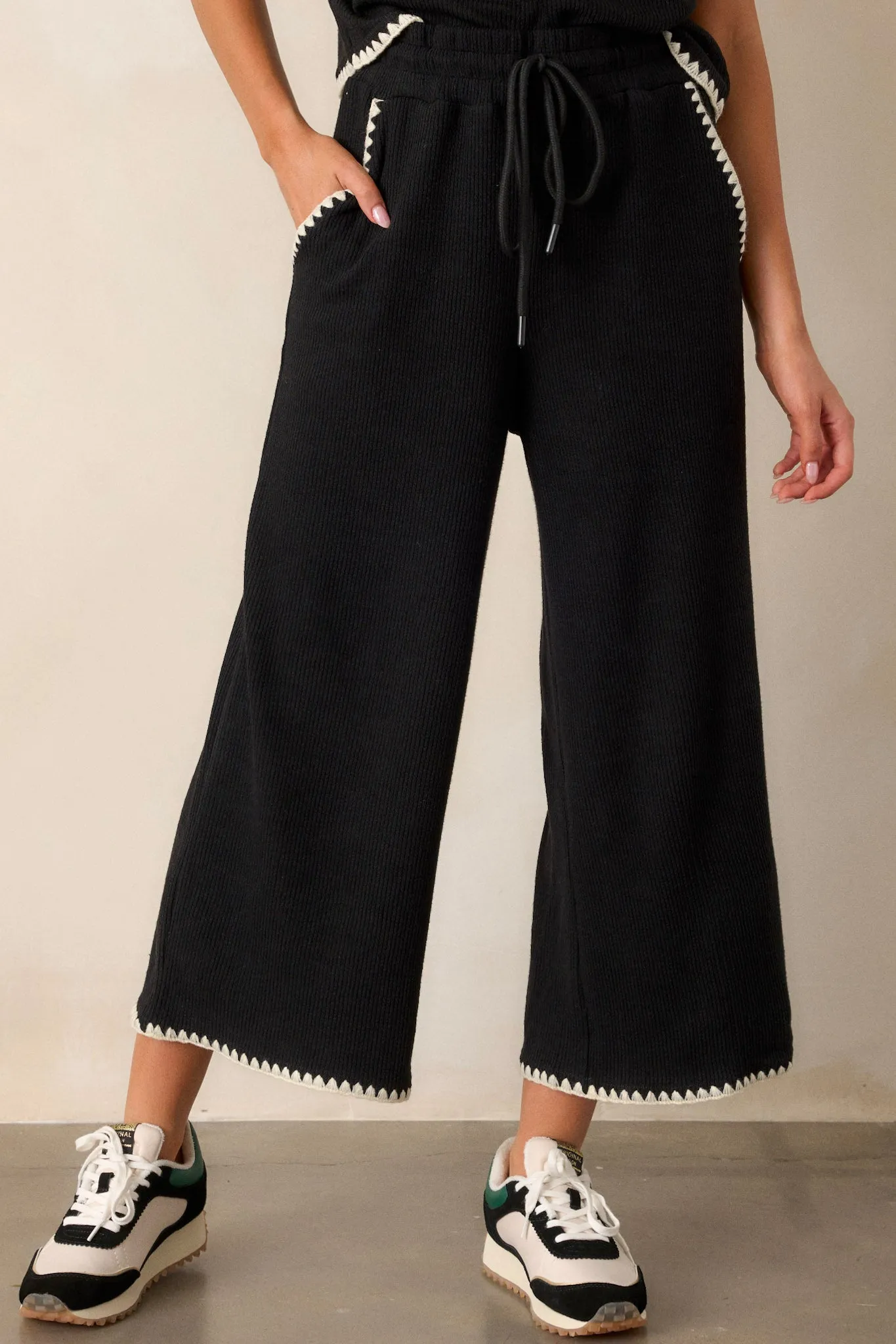 Anytime Now Black Blanket Stitch Wide Leg Pants