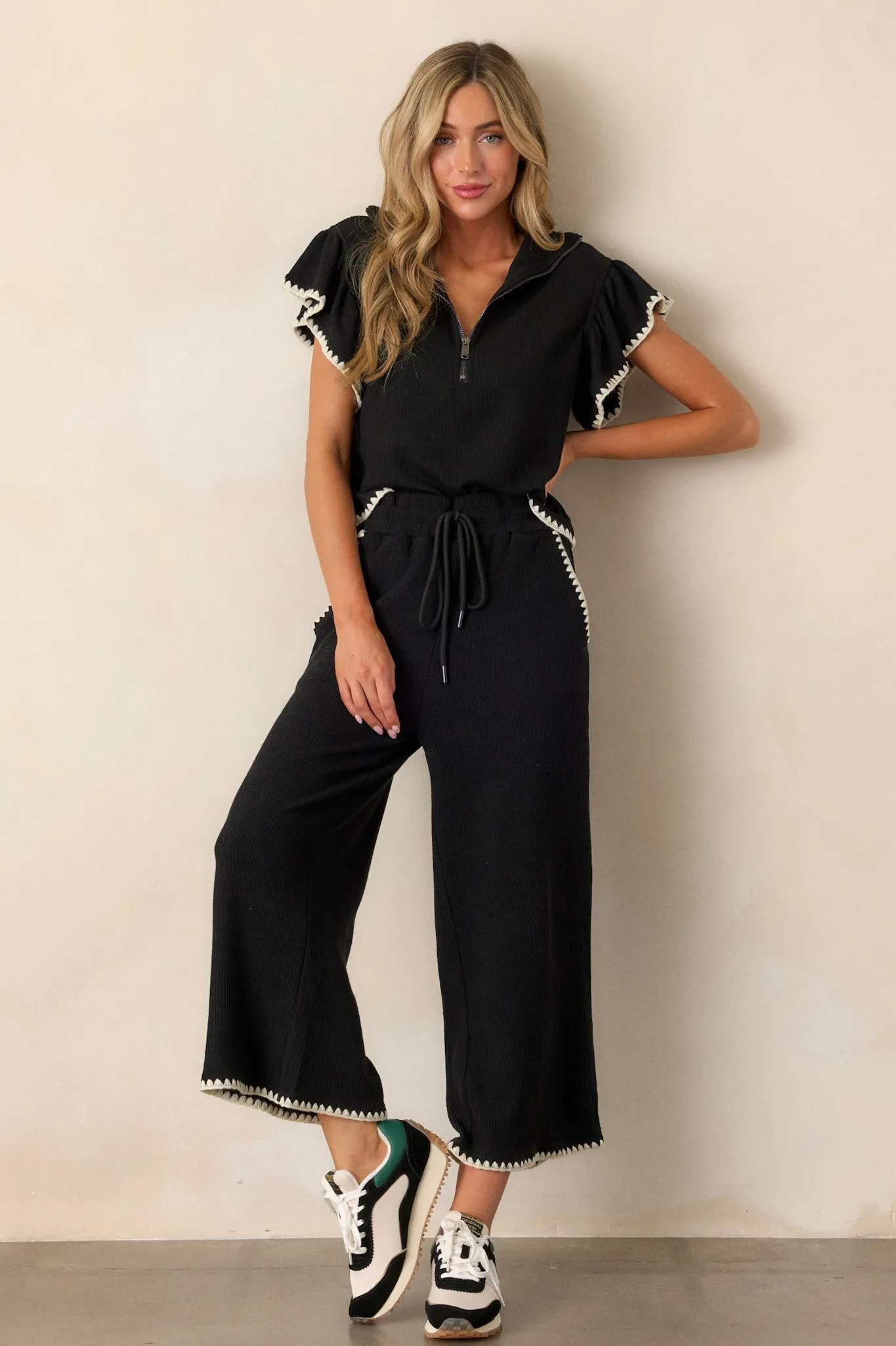 Anytime Now Black Blanket Stitch Wide Leg Pants