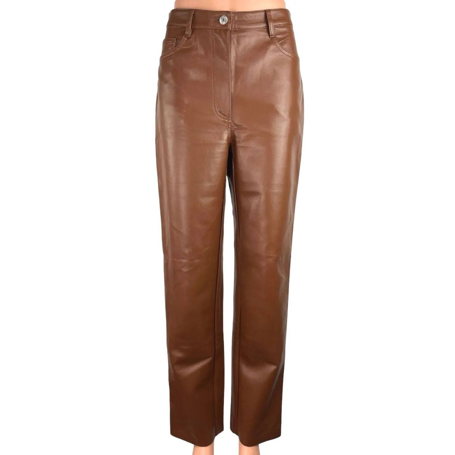 Aritzia Wilfred Brown Faux Leather High Rise  Straight Leg Pockets Ankle Pants 6