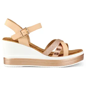 Beige wedge sandals with a shiny strap