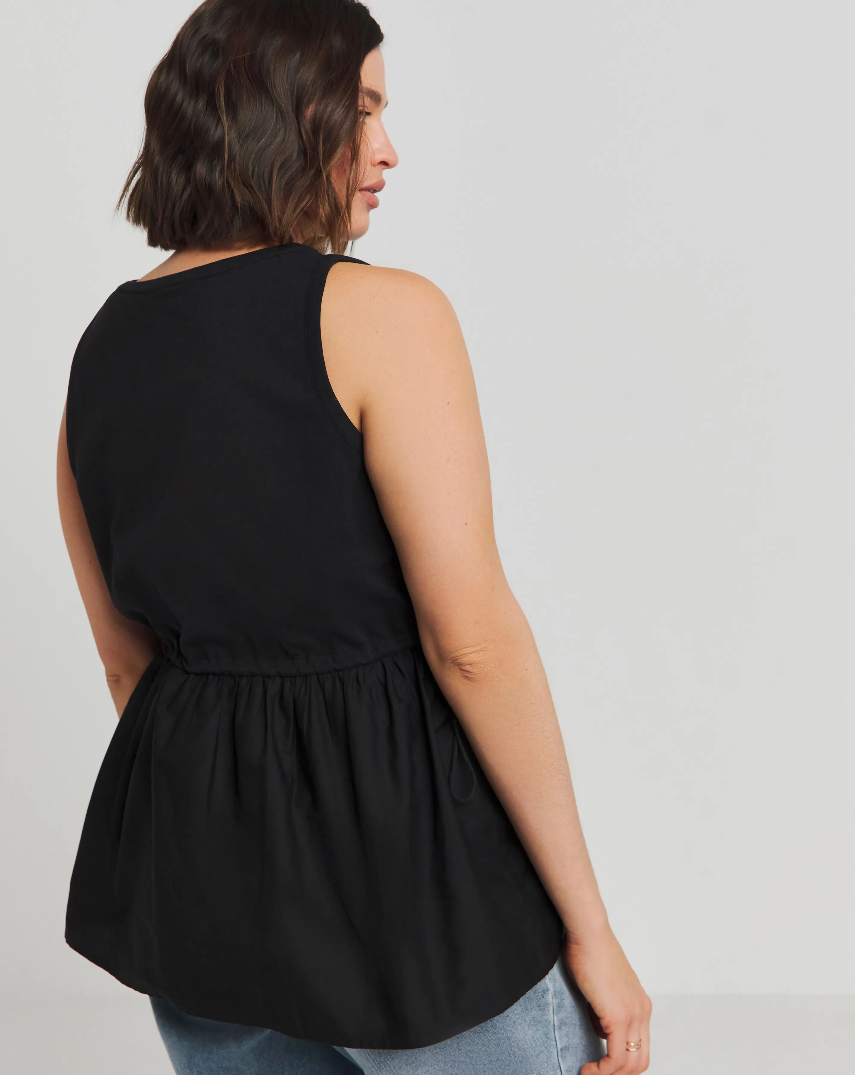 Black Sleeveless Poplin Jersey Mix Tank Top | Simply Be