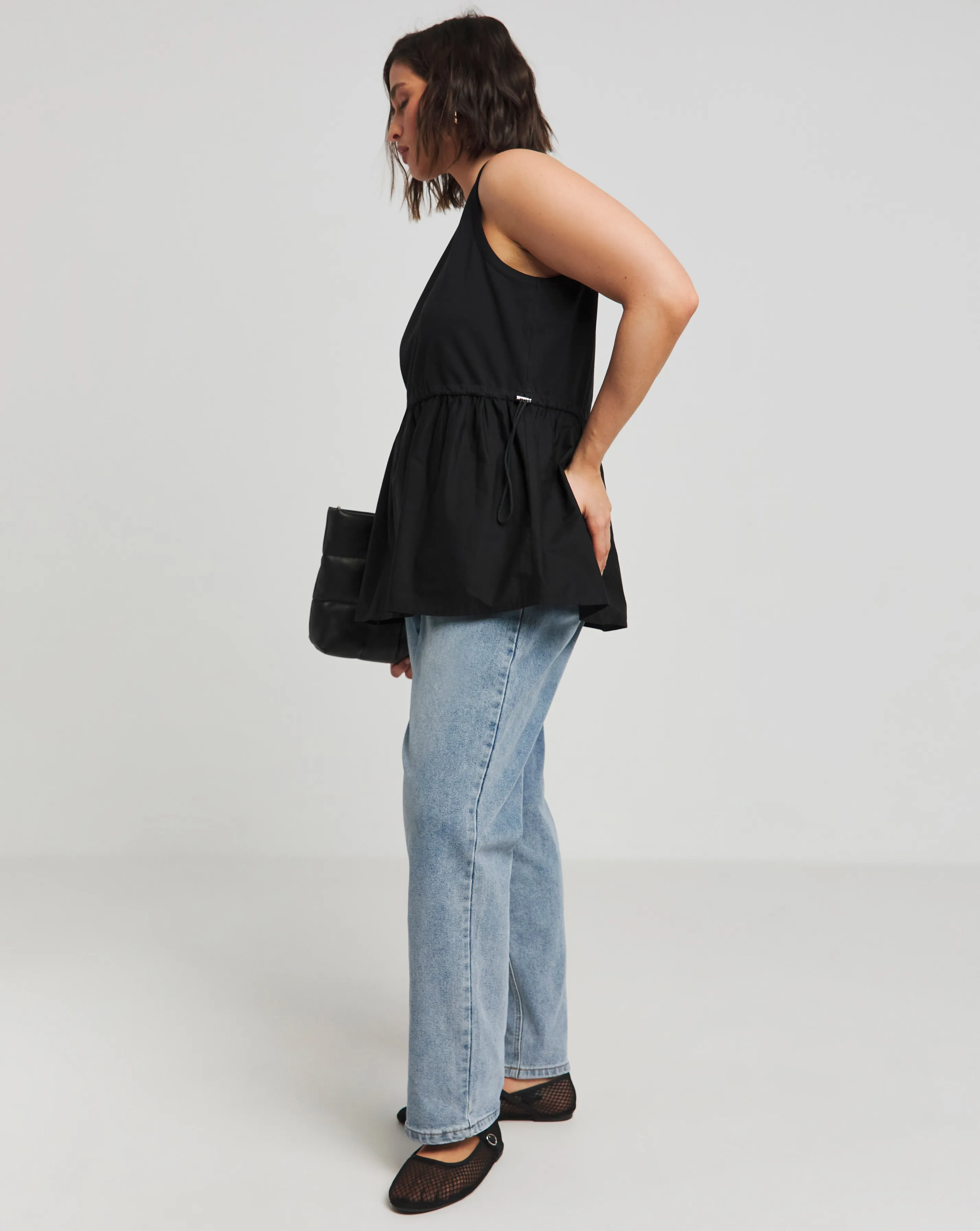 Black Sleeveless Poplin Jersey Mix Tank Top | Simply Be