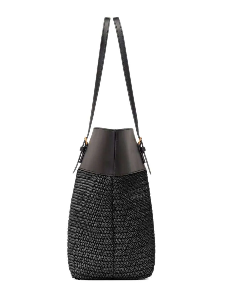 Boucle Medium E/W Shopping Bag in Raffia and Smooth Leather