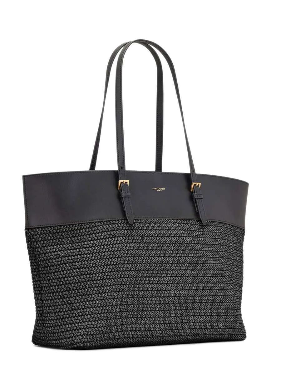 Boucle Medium E/W Shopping Bag in Raffia and Smooth Leather