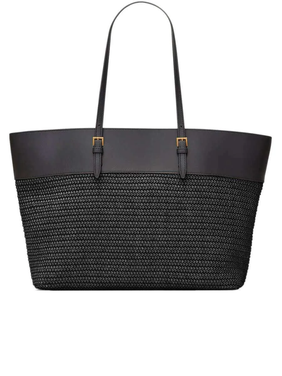 Boucle Medium E/W Shopping Bag in Raffia and Smooth Leather