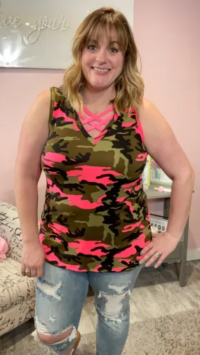 Camo Sleeveless Top with Neon Pink Criss Cross Detail