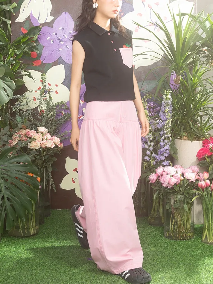 Casual Wide Embroidery Tulip Work-Pants