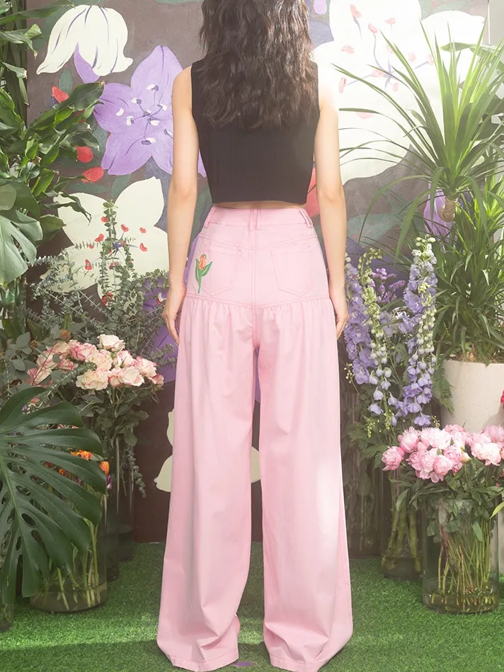 Casual Wide Embroidery Tulip Work-Pants