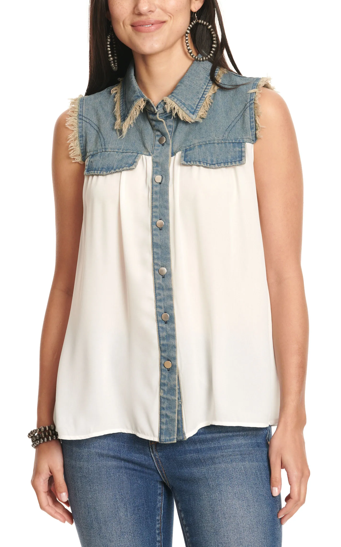 Cowgirl Hardware Women's White & Denim Frayed Sleeveless Top 