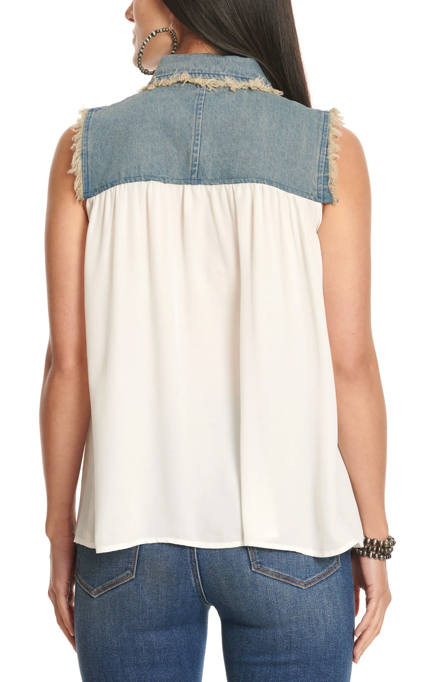 Cowgirl Hardware Women's White & Denim Frayed Sleeveless Top 