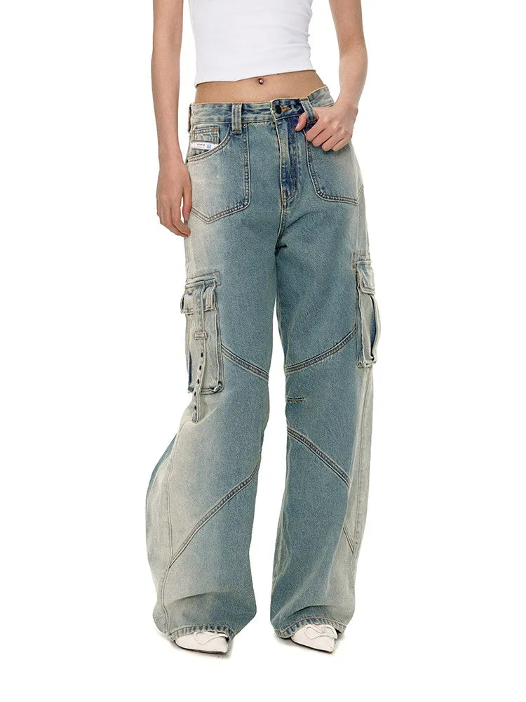 Denim Wide-Leg Straight Casual Side-Pocket Belt Pants