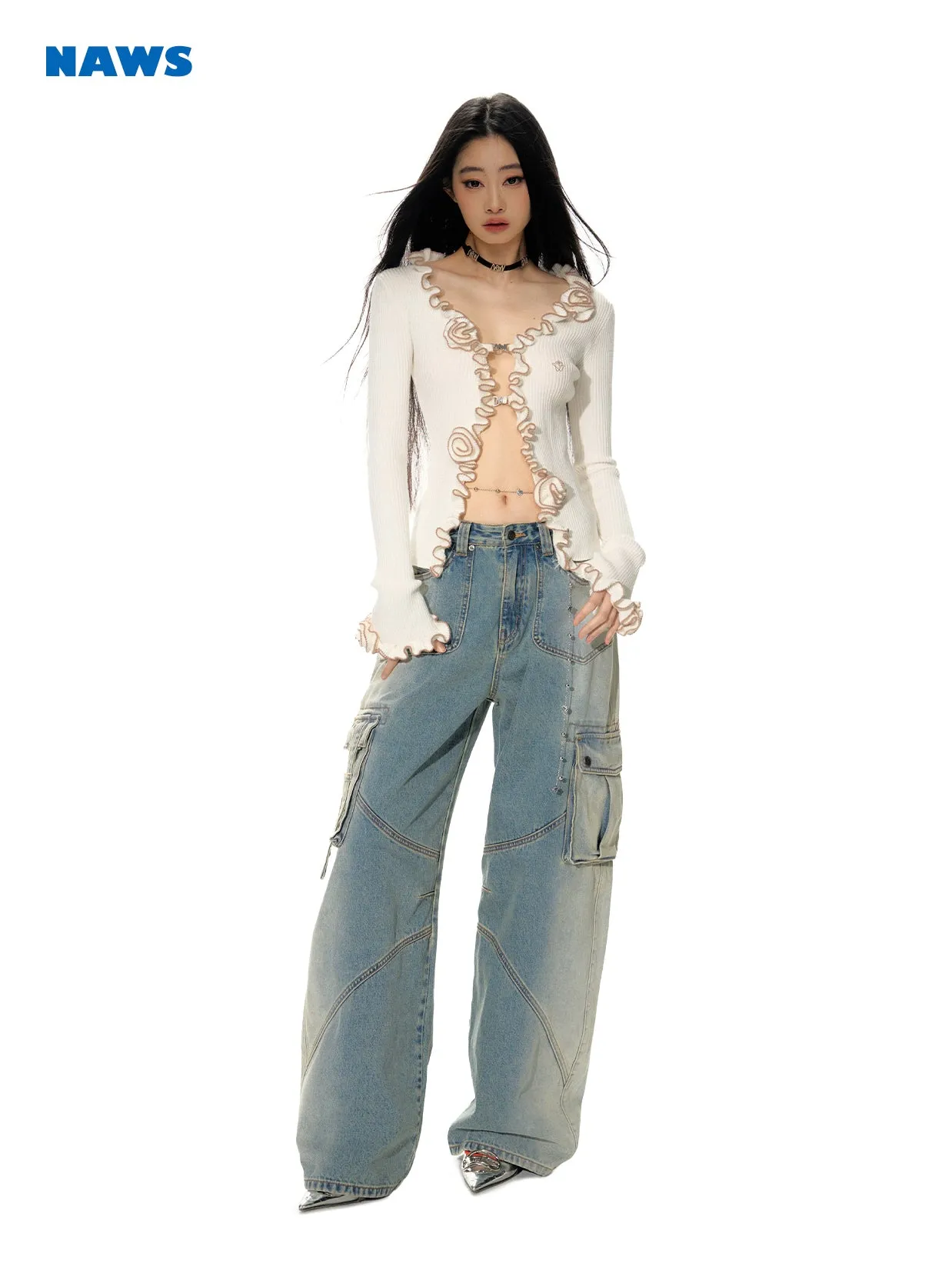 Denim Wide-Leg Straight Casual Side-Pocket Belt Pants