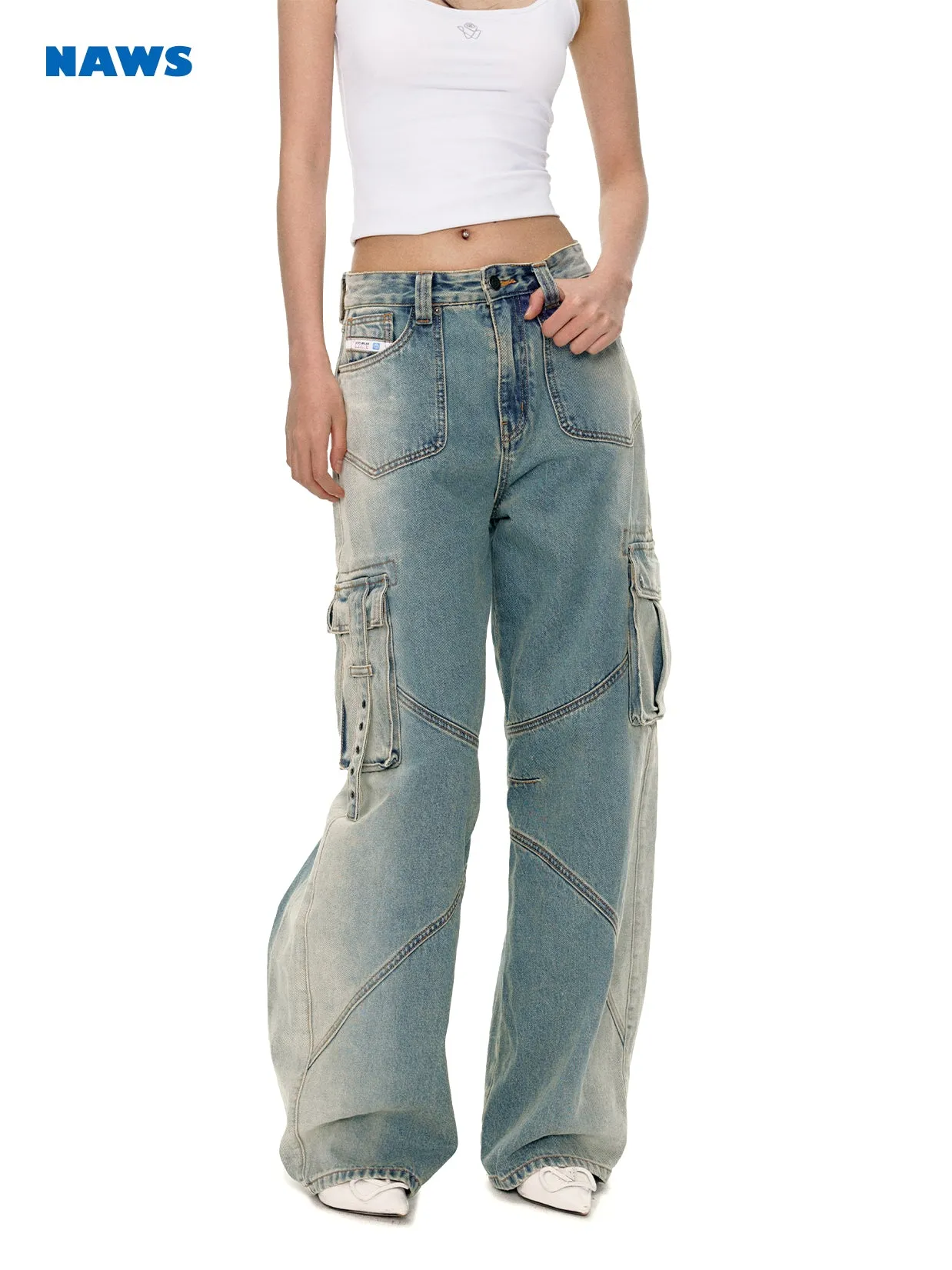 Denim Wide-Leg Straight Casual Side-Pocket Belt Pants