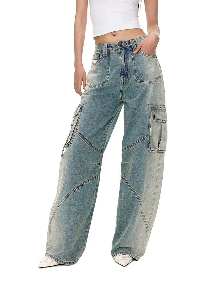 Denim Wide-Leg Straight Casual Side-Pocket Belt Pants