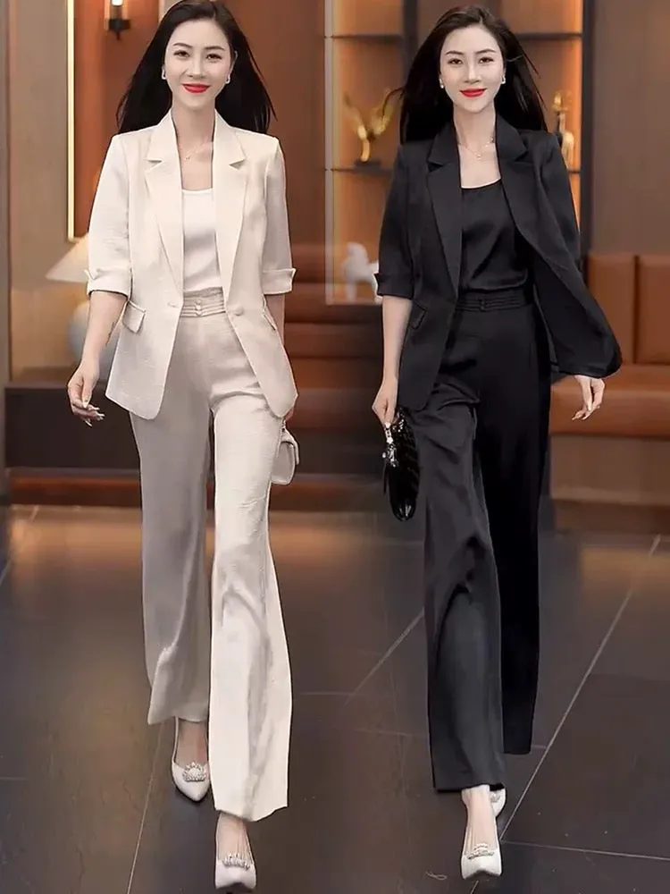 Drape wide-leg pants suit for women summer 2024 new style temperament imitation ice silk satin suit three-piece suit