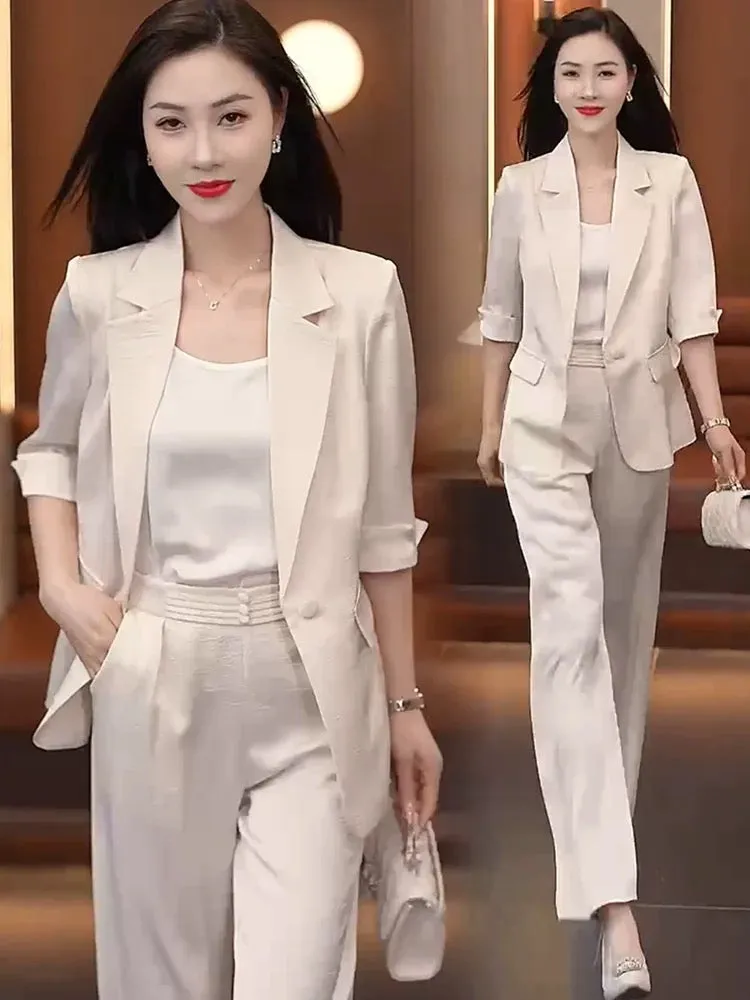 Drape wide-leg pants suit for women summer 2024 new style temperament imitation ice silk satin suit three-piece suit