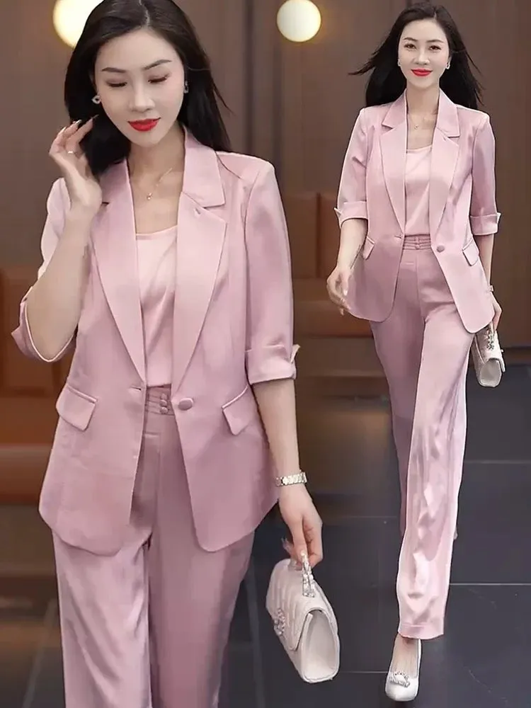 Drape wide-leg pants suit for women summer 2024 new style temperament imitation ice silk satin suit three-piece suit