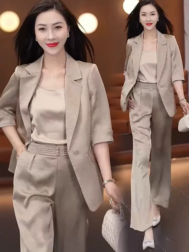 Drape wide-leg pants suit for women summer 2024 new style temperament imitation ice silk satin suit three-piece suit