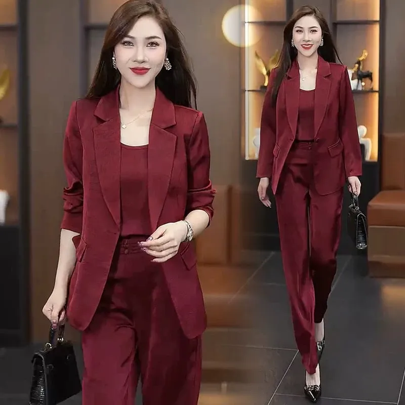 Drape wide-leg pants suit for women summer 2024 new style temperament imitation ice silk satin suit three-piece suit