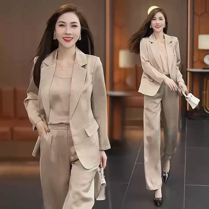 Drape wide-leg pants suit for women summer 2024 new style temperament imitation ice silk satin suit three-piece suit