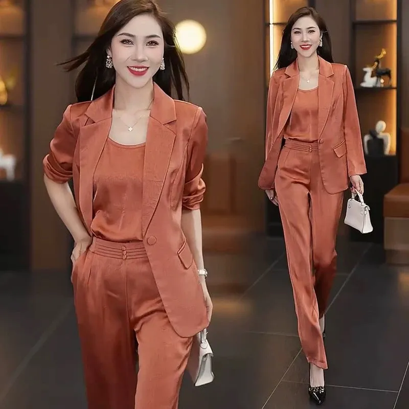 Drape wide-leg pants suit for women summer 2024 new style temperament imitation ice silk satin suit three-piece suit