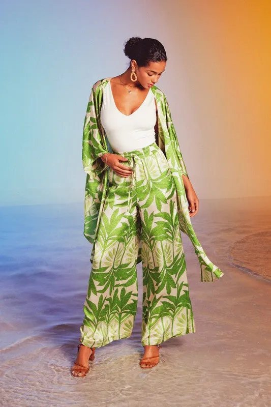 Drusilla Leaf Print Kimono & Wide Leg Pants Set - Green