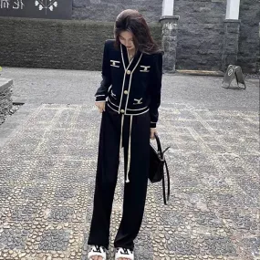 Early spring 2023 new high-end Hong Kong style retro chic Korean style knitted wide-leg pants two-piece suit for women in autumn