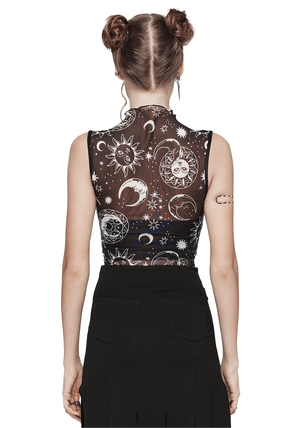 Gothic Black Mesh Sun and Moon Sleeveless Top