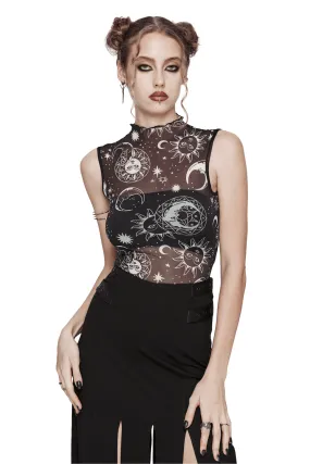 Gothic Black Mesh Sun and Moon Sleeveless Top