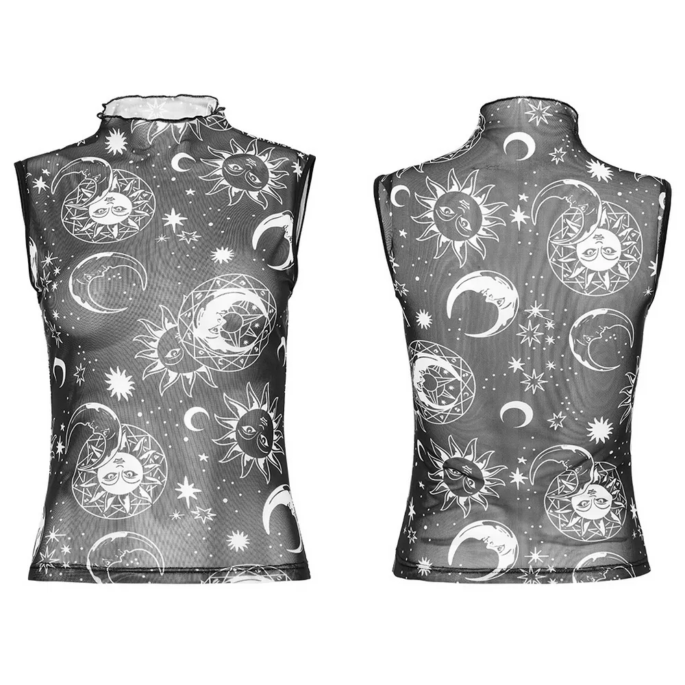 Gothic Black Mesh Sun and Moon Sleeveless Top