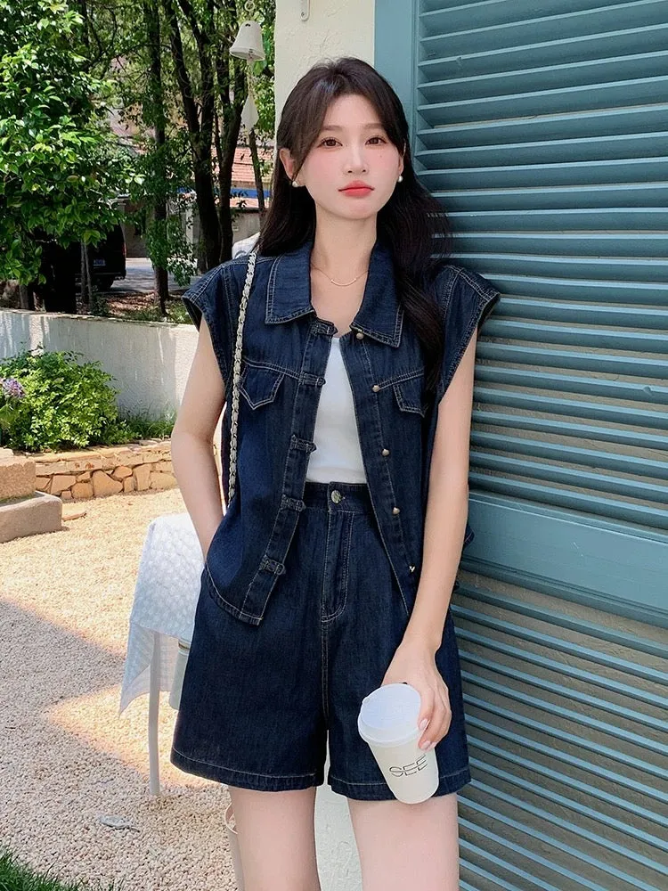 Hong Kong style retro small denim shorts suit for women 2024 summer new button-down shirt wide-leg pants two-piece set