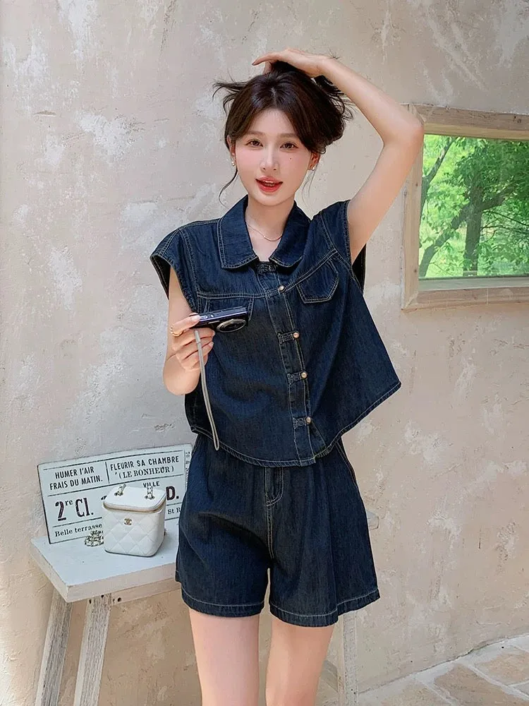 Hong Kong style retro small denim shorts suit for women 2024 summer new button-down shirt wide-leg pants two-piece set