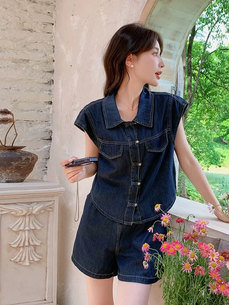 Hong Kong style retro small denim shorts suit for women 2024 summer new button-down shirt wide-leg pants two-piece set