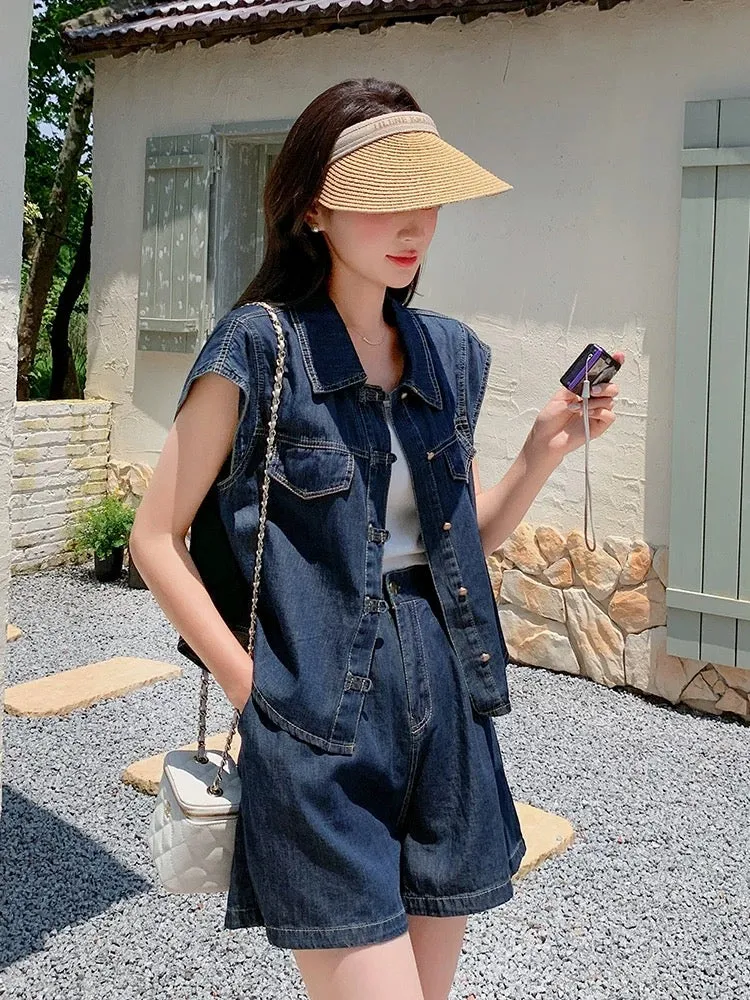 Hong Kong style retro small denim shorts suit for women 2024 summer new button-down shirt wide-leg pants two-piece set