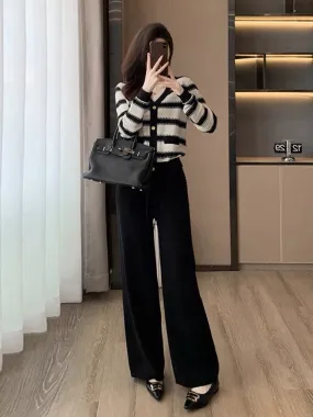 Internet celebrity sports casual suit for women in autumn and winter fashionable age-reducing temperament high-end striped knitt