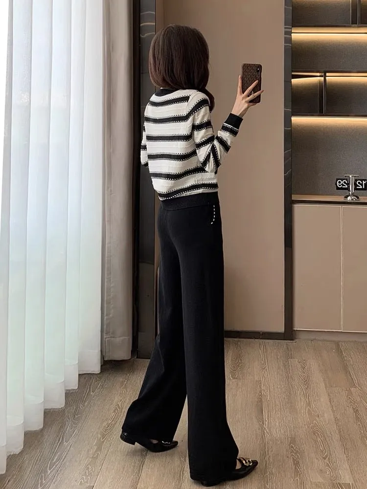 Internet celebrity sports casual suit for women in autumn and winter fashionable age-reducing temperament high-end striped knitt