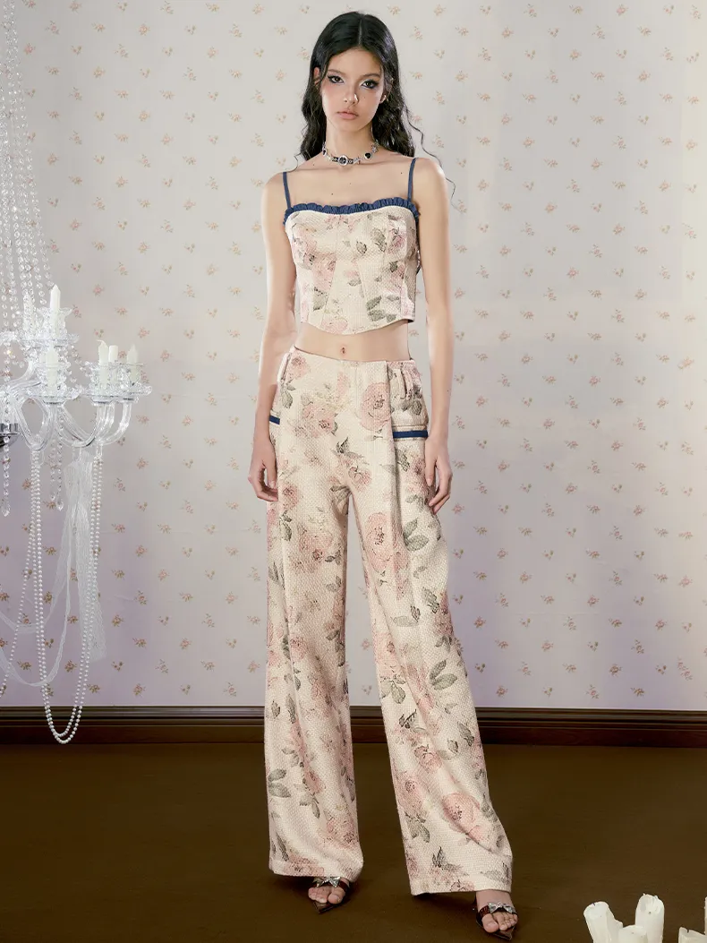 Lace-Up Flower Retro Cropped Sweet Camisole&Wide-Pants