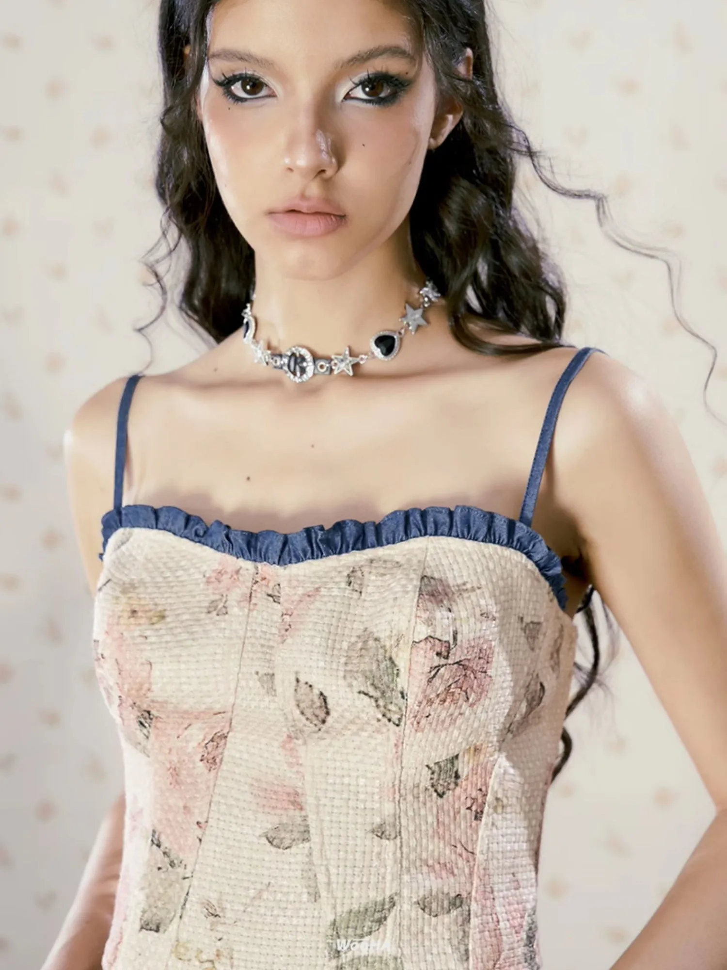 Lace-Up Flower Retro Cropped Sweet Camisole&Wide-Pants