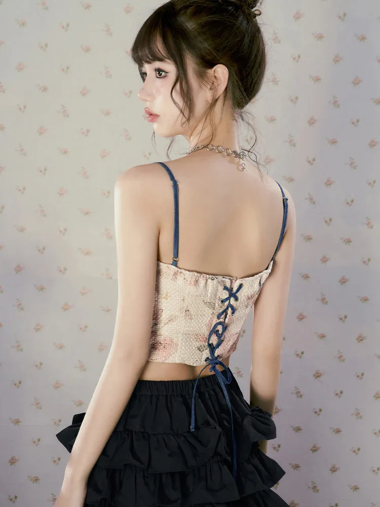 Lace-Up Flower Retro Cropped Sweet Camisole&Wide-Pants