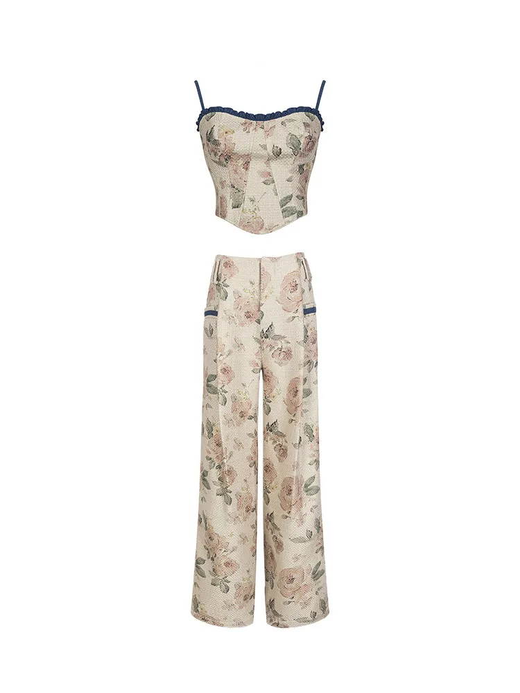 Lace-Up Flower Retro Cropped Sweet Camisole&Wide-Pants