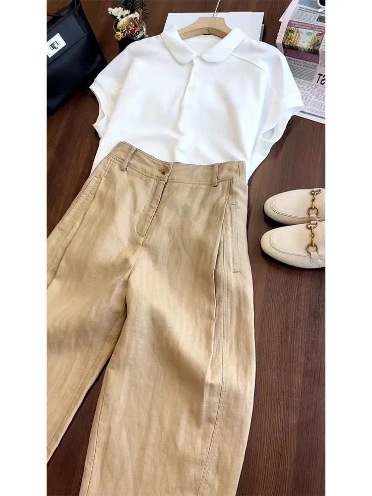 Linen outfit for age-reducing white polo shirt cotton and linen khaki wide-leg pants two-piece suit for women in summer