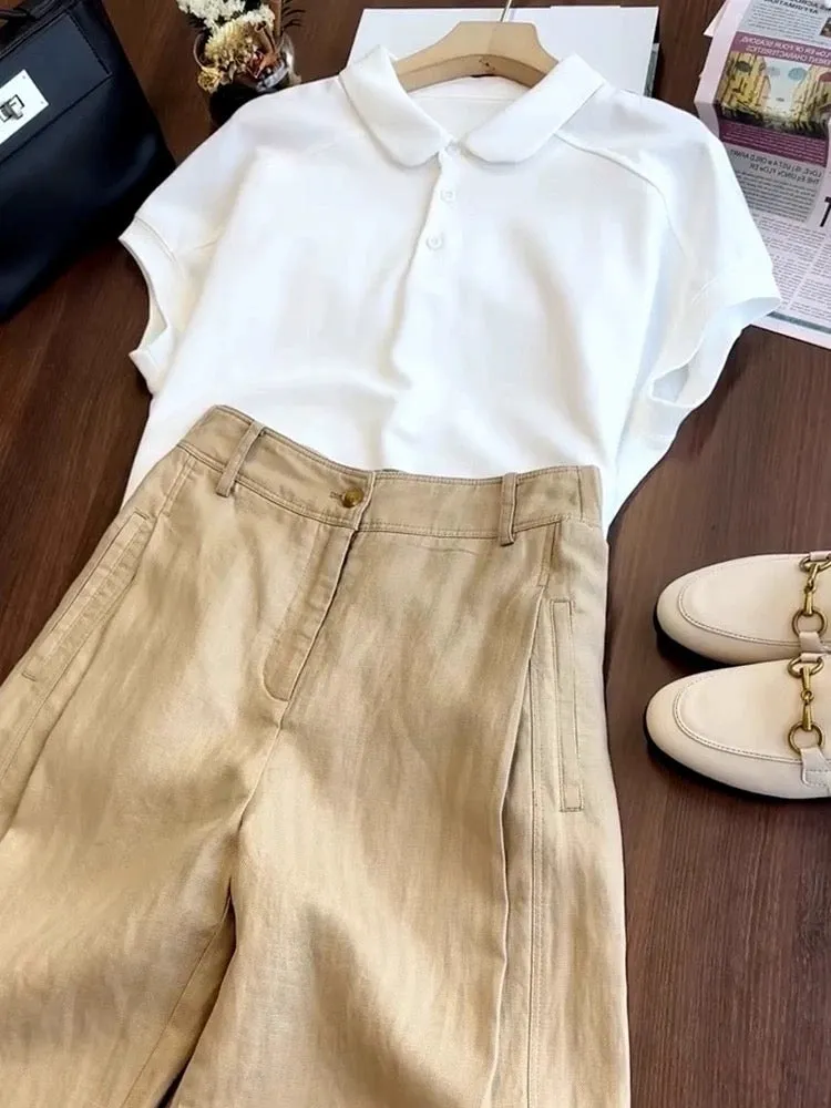 Linen outfit for age-reducing white polo shirt cotton and linen khaki wide-leg pants two-piece suit for women in summer