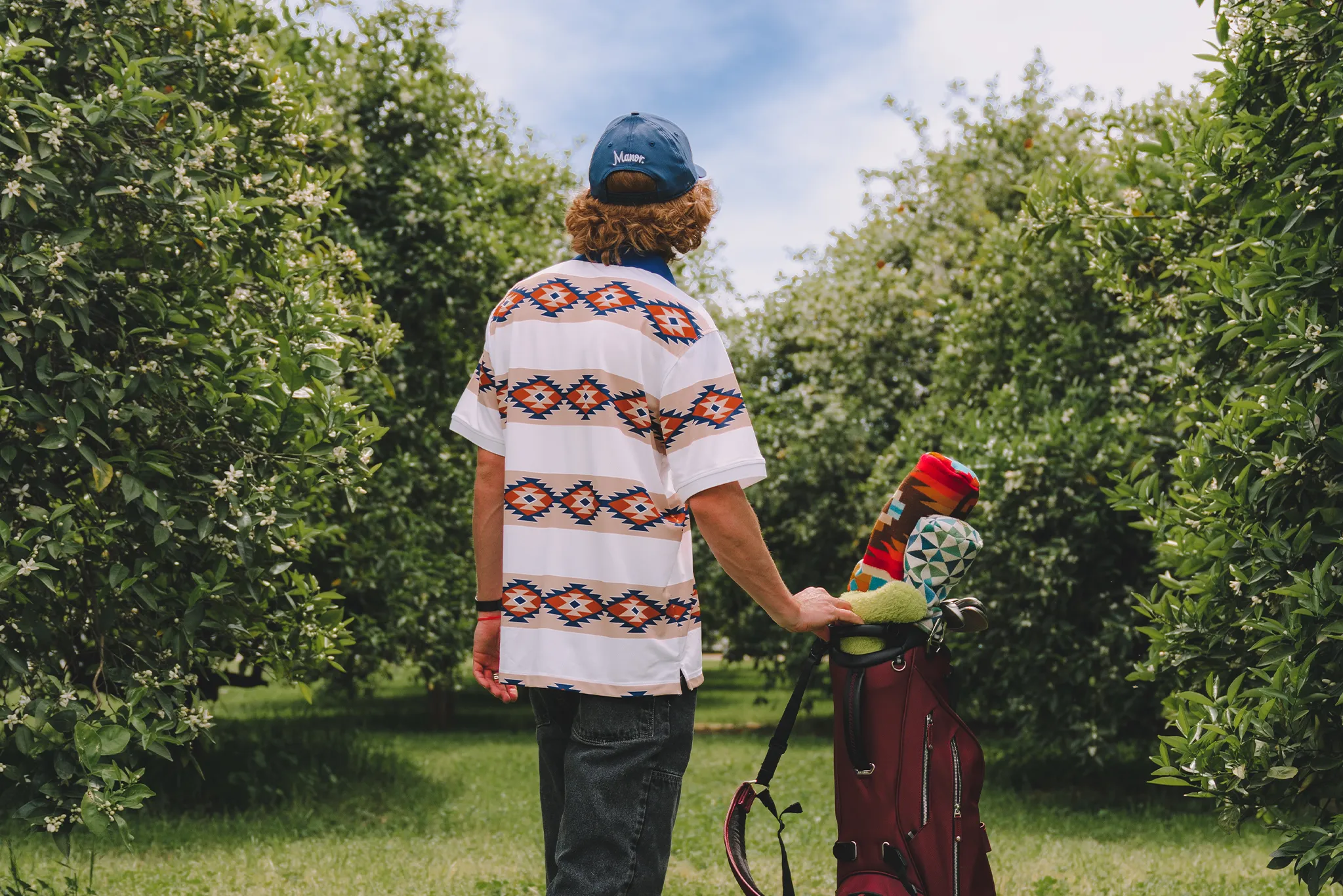 Manor Golf Stripes Polo  M - White / Navy / Sunburst Orange