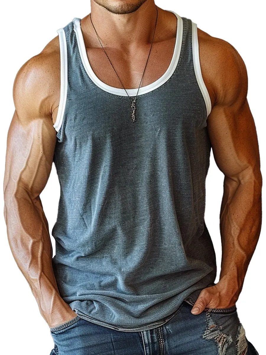 Men's Sports Contrast Color Crew Neck Sleeveless Tank Top