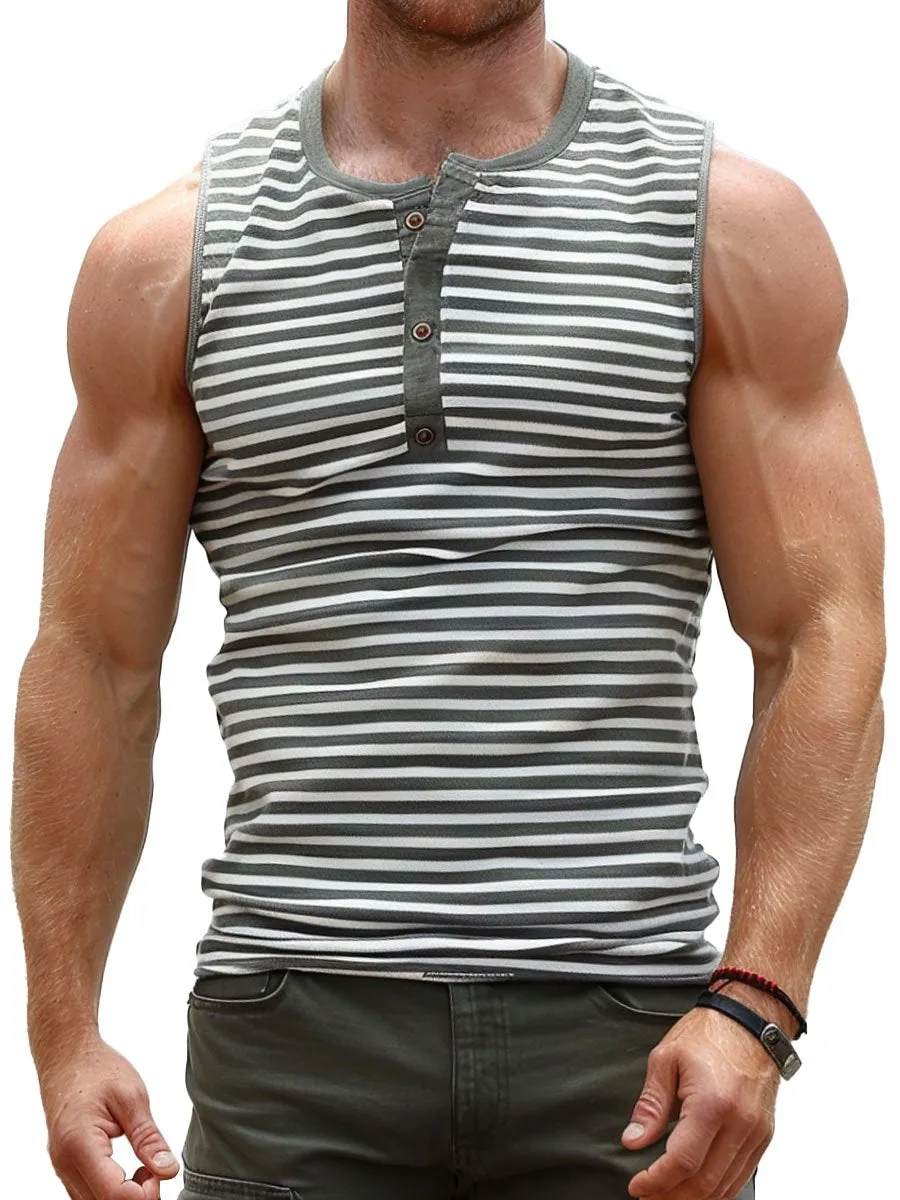 Men's Striped Casual Round Neck Button Casual Sleeveless Tank Top