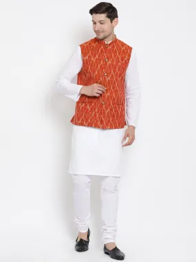 Men's White Cotton Kurta, Orange Ethnic Jacket and Pyjama Set