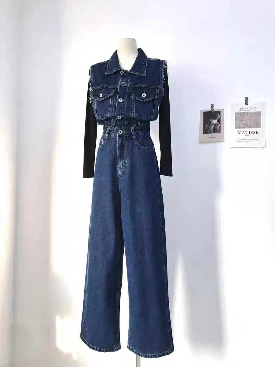 Miser Sheep 2023 New European Station Temperament Large Long Legs High Waist Sleeveless Washed Denim Jumpsuit Wide Leg Pants